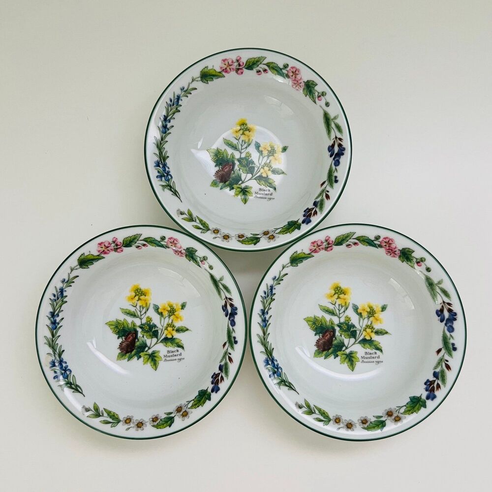 ROYAL WORCESTER Herbs Botanical Green Trim Porcelain Cereal Soup Bowls, Set of 3